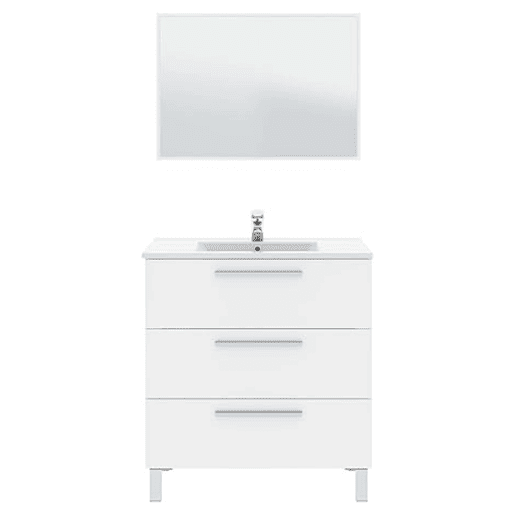 Móveis de banheiro Taria estilo contemporâneo em branco brilhante com espelho e 3 gavetas 80x86x45 cm (pia de cerâmica)