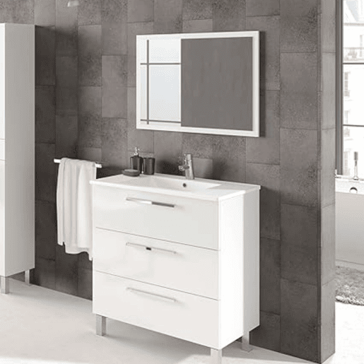 Móveis de banheiro Taria estilo contemporâneo em branco brilhante com espelho e 3 gavetas 80x86x45 cm (pia de cerâmica)