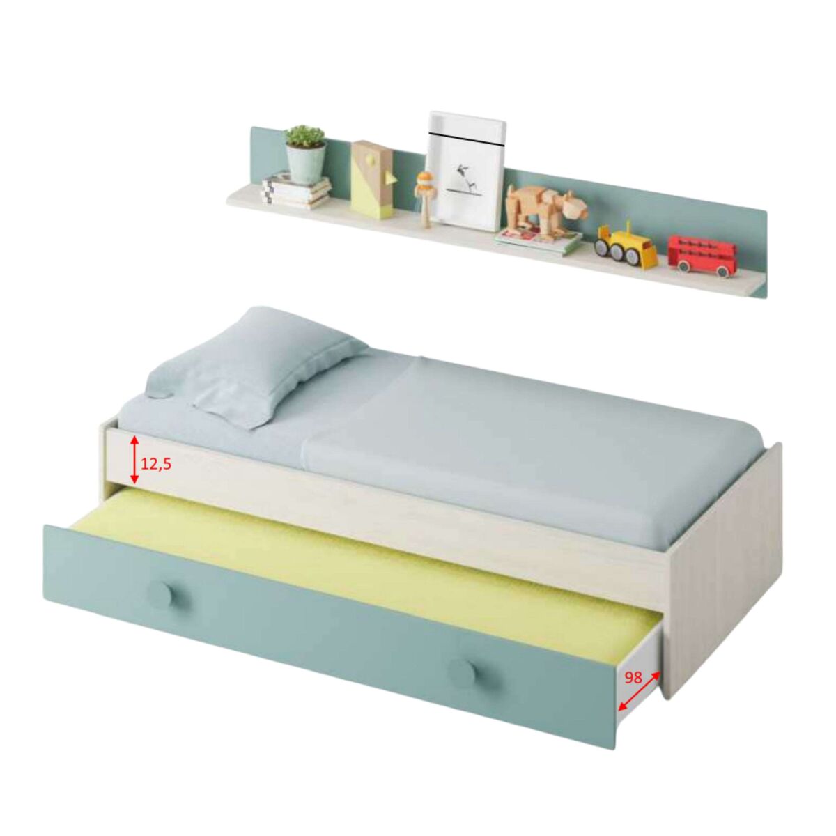 Dormitorio completo para habitación juvenil o infantil en color verde y blanco con un somier incluido