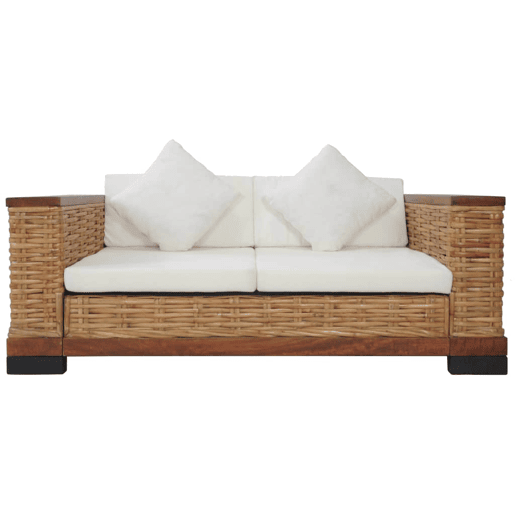 Sofá de 2 lugares para sala de estar interior com almofadas de rattan natural marrom 02_0019492