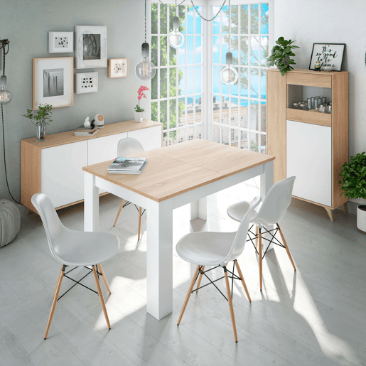 Conjunto de 4 móveis de sala Kendra Branco e Carvalho Canadense (mesa de jantar extensível, vitrine, aparador, 4 cadeiras) Conjunto de 4 móveis de sala Kendra Branco e Carvalho Canadense (mesa de jantar extensível, vitrine, aparador, 4 cadeiras)