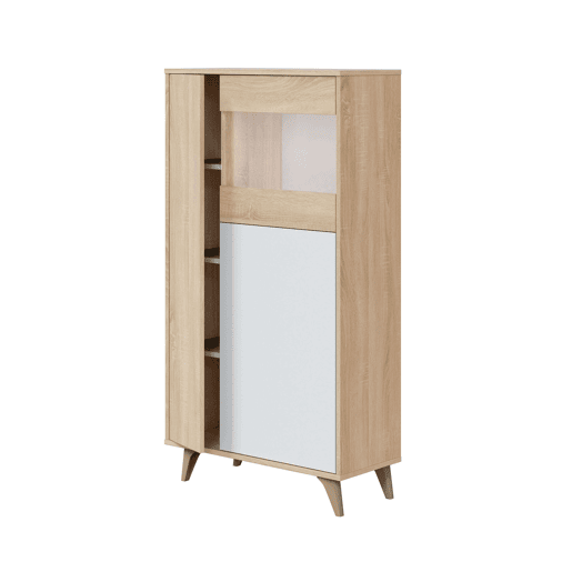 Conjunto de 4 móveis de sala Kendra Branco e Carvalho Canadense (mesa de jantar extensível, vitrine, aparador, 4 cadeiras) Conjunto de 4 móveis de sala Kendra Branco e Carvalho Canadense (mesa de jantar extensível, vitrine, aparador, 4 cadeiras)