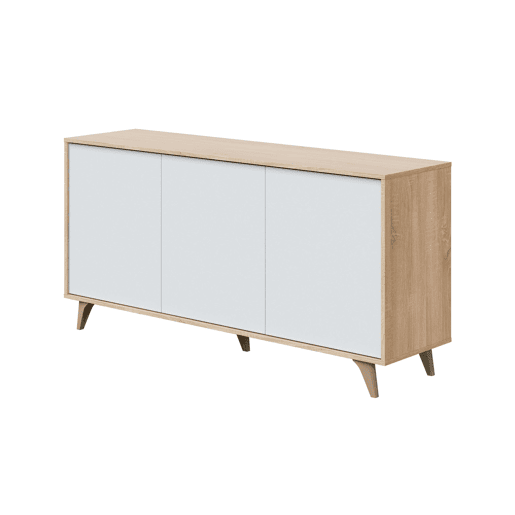 Conjunto de 4 móveis de sala Kendra Branco e Carvalho Canadense (mesa de jantar extensível, vitrine, aparador, 4 cadeiras) Conjunto de 4 móveis de sala Kendra Branco e Carvalho Canadense (mesa de jantar extensível, vitrine, aparador, 4 cadeiras)