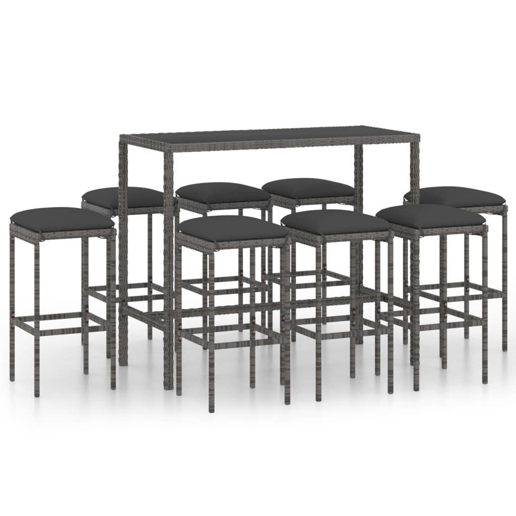 Muebles de bar para jardín 9 pzas cojines ratán sintético gris