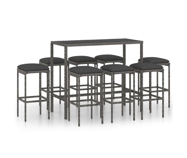 Muebles de bar para jardín 9 pzas cojines ratán sintético gris