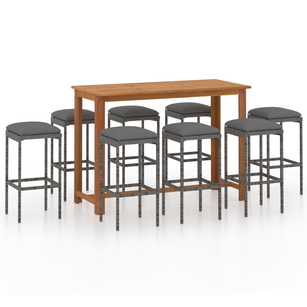 Set de bar para jardín 9 piezas y cojines ratán sintético gris
