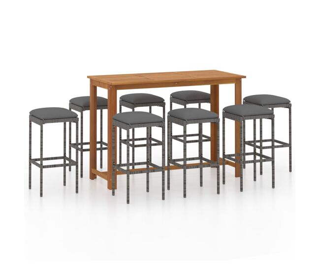 Set de bar para jardín 9 piezas y cojines ratán sintético gris