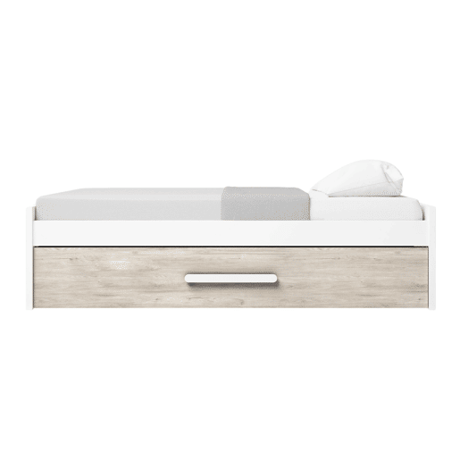 Cama de rodízio para quarto juvenil em estilo nórdico em carvalho Sahara e branco fosco 90x190 cm Cama de rodízio para quarto juvenil em estilo nórdico em carvalho Sahara e branco fosco 90x190 cm