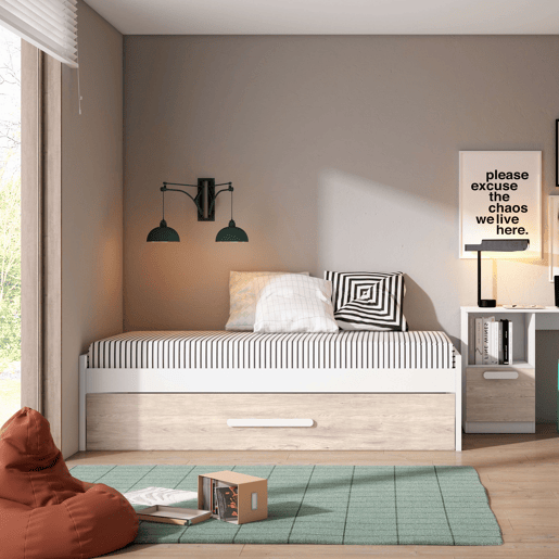 Cama de rodízio para quarto juvenil em estilo nórdico em carvalho Sahara e branco fosco 90x190 cm Cama de rodízio para quarto juvenil em estilo nórdico em carvalho Sahara e branco fosco 90x190 cm