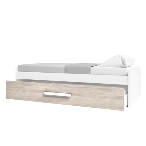 Cama de rodízio para quarto juvenil em estilo nórdico em carvalho Sahara e branco fosco 90x190 cm Cama de rodízio para quarto juvenil em estilo nórdico em carvalho Sahara e branco fosco 90x190 cm