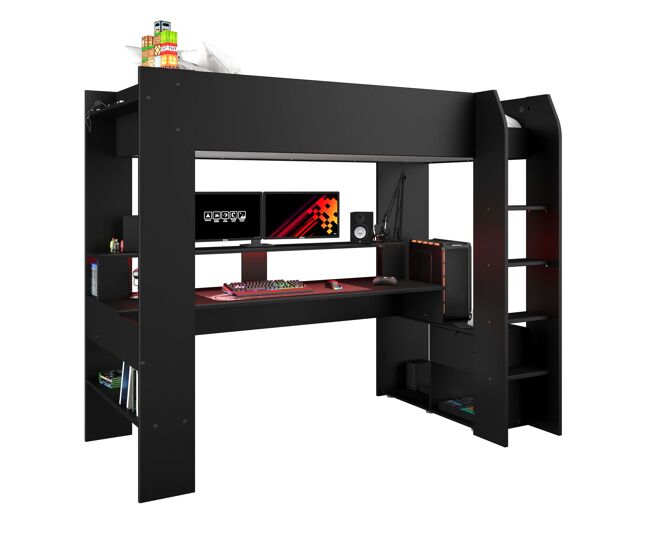 Cama alta game juvenil dormitorio con escritorio estilo contemporáneo color negro stipple 220x180x116 cm