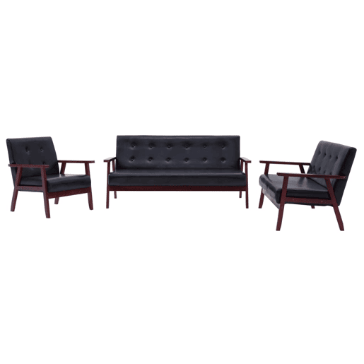 Conjunto de sofá de couro sintético preto de 3 peças 02_0019078