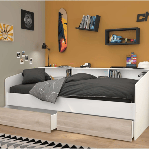 Cama estilo jovem cor branca com gavetas de carvalho japonês quarto infantil moderno 90x190-200 cm