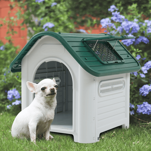 Casinha de cão Bello com escotilha no telhado 87x72x75 plástico brancoverde en.casa