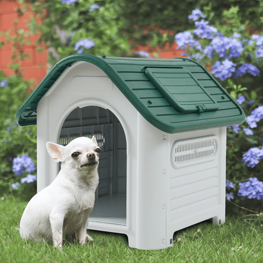 Casinha de cão Bello com escotilha no telhado 87x72x75 plástico brancoverde en.casa