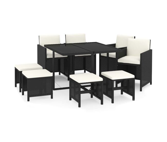 Juego muebles jardín 9 pzas con cojines ratán sintético negro