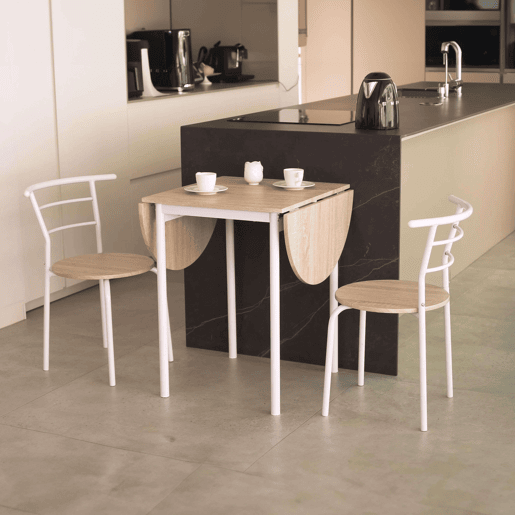 Conjunto de mesa de cozinha extensível e 2 cadeiras Butterfly, mesa de jantar dobrável em carvalho e branco, 55-115 x 61 x 74 cm
