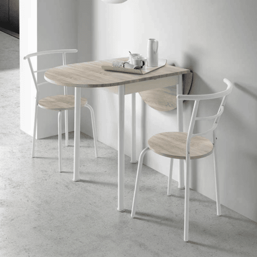 Conjunto de mesa de cozinha extensível e 2 cadeiras Butterfly, mesa de jantar dobrável em carvalho e branco, 55-115 x 61 x 74 cm