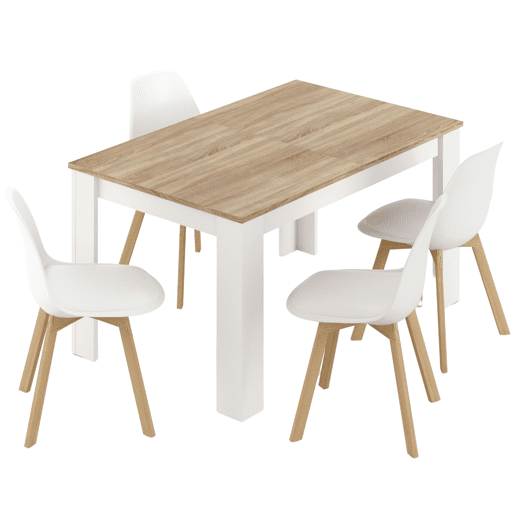 Conjunto de mesa e 4 cadeiras estilo nórdico em branco fosco e carvalho canadense