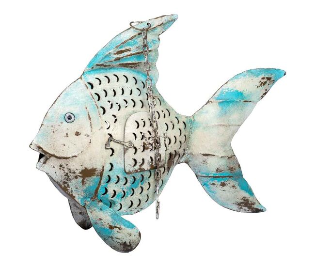 Pez portavela de metal envejecido azul, 56x10x42h cm