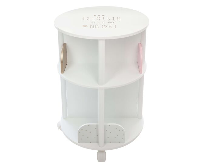 Librería infantil redonda 4 estantes con ruedas 40 cm melamina blanco y rosa