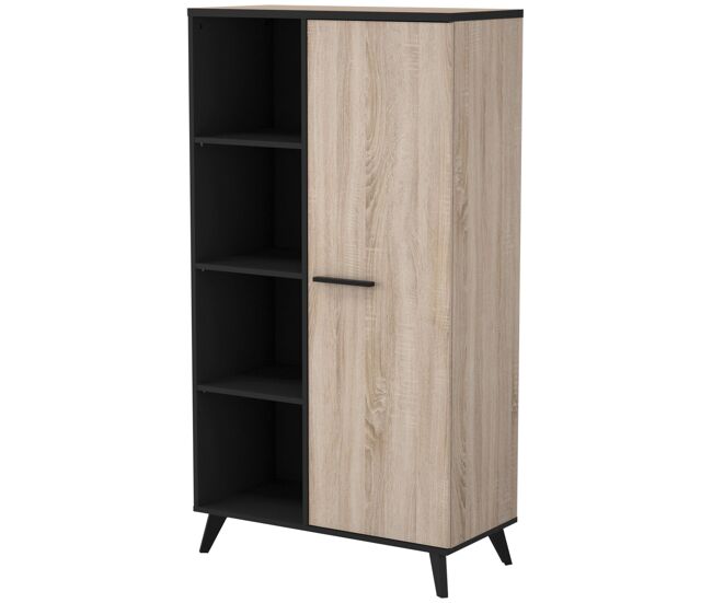 Estanteria librería armario 1 puerta 8 baldas salon comedor despacho habitacion roble y negro 154x83x39