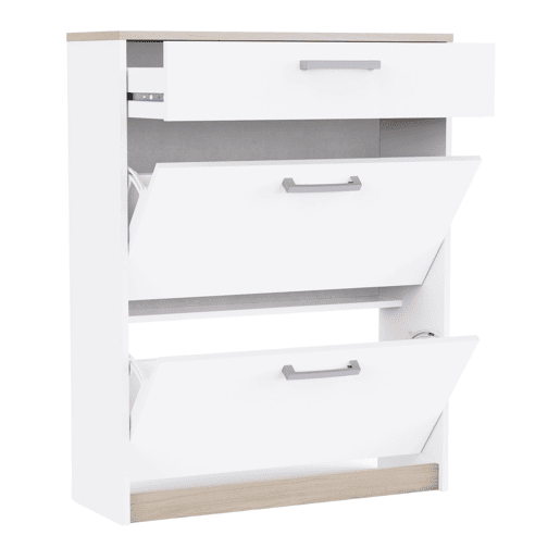 Sapateira Watson Nordic Style para corredor em branco fosco e carvalho Kronberg com 2 portas e 1 gaveta 80x102x29 cm