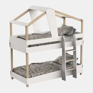 Beliche juvenil 90x190 cm cor madeira branco fosco e bege em formato de cabana, móveis para quarto
