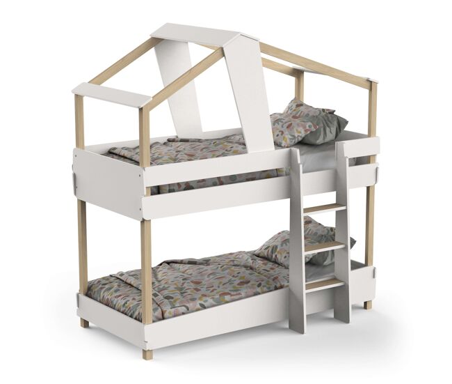 Litera juvenil infantil 90x190 cm timber color blanco mate y beige en forma de cabaña, mueble de dormitorio