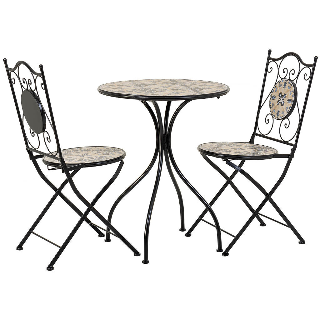 Conjunto mesa y dos sillas de mosaico y forja