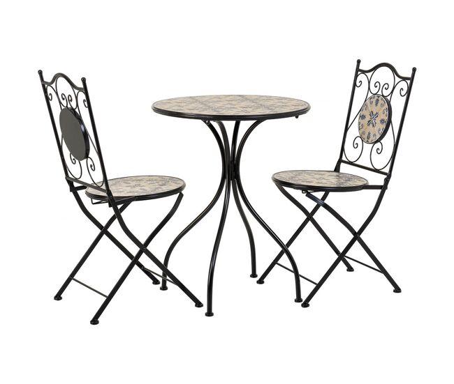 Conjunto mesa y dos sillas de mosaico y forja