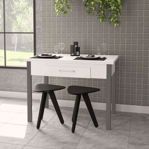 Mesa de cozinha extensível Sendai estilo contemporâneo em branco e cinza para 4 lugares 110-140x75x70-110 cm