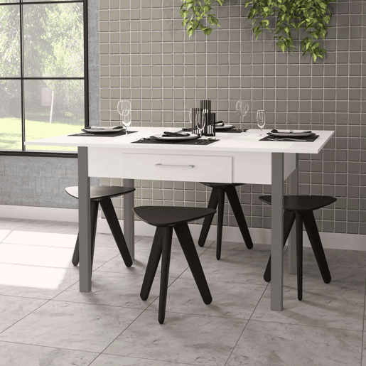 Mesa de cozinha extensível Sendai estilo contemporâneo em branco e cinza para 4 lugares 110-140x75x70-110 cm