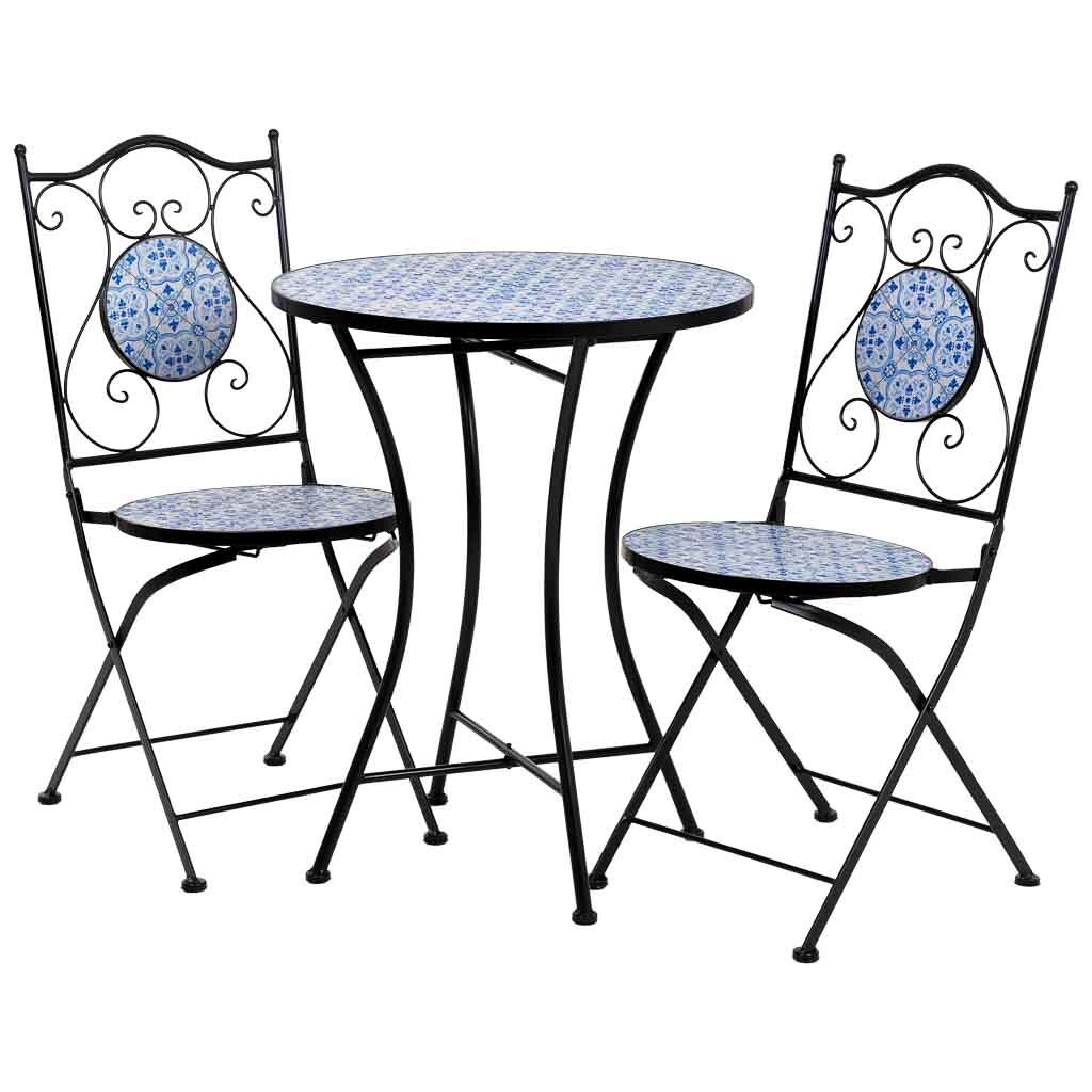 Conjunto mesa y dos sillas de mosaico y forja