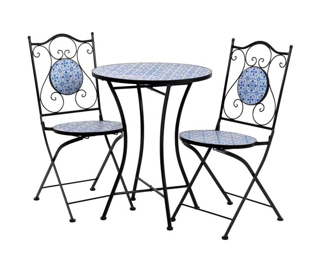 Conjunto mesa y dos sillas de mosaico y forja