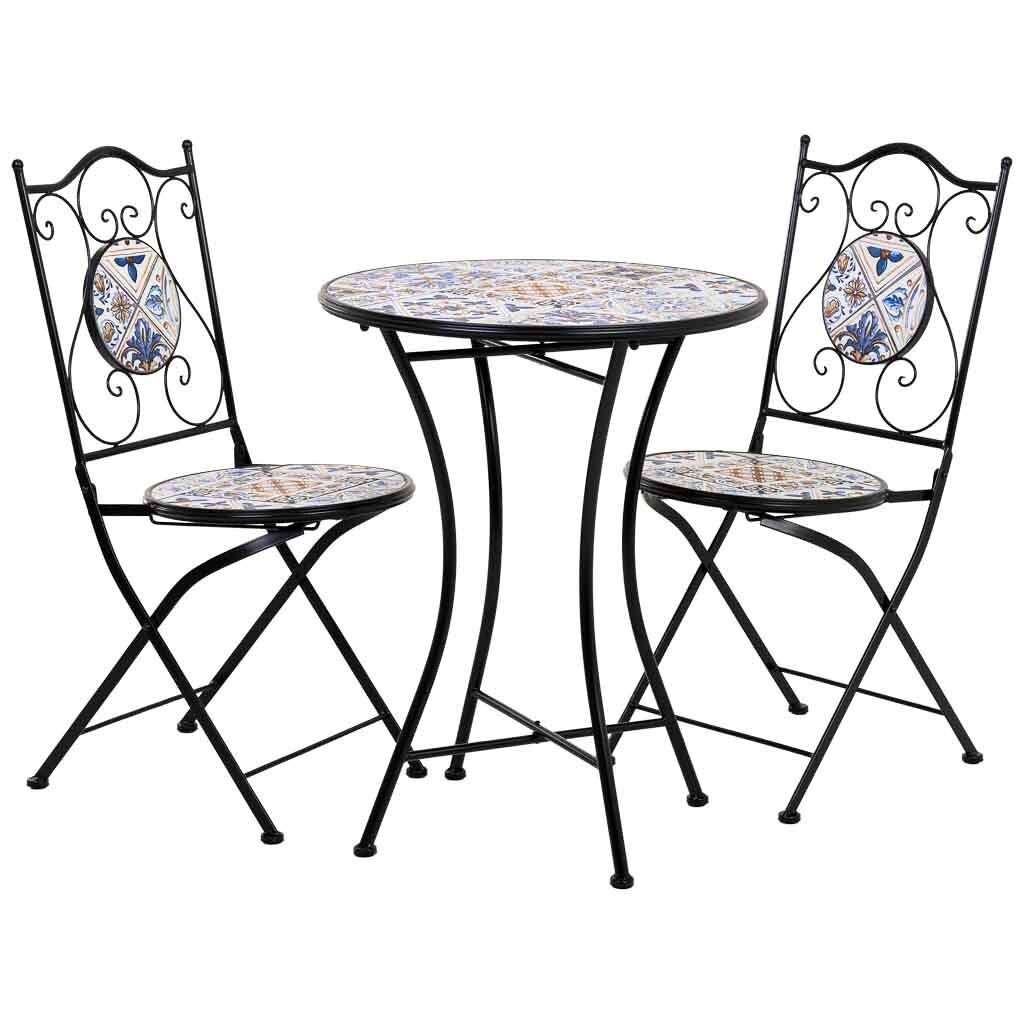 Conjunto mesa y dos sillas de mosaico y forja