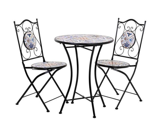 Conjunto mesa y dos sillas de mosaico y forja