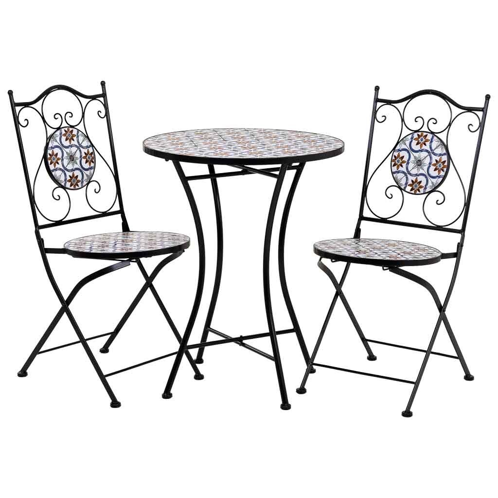 Conjunto mesa y dos sillas de mosaico y forja