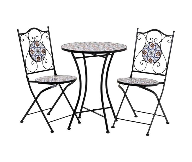 Conjunto mesa y dos sillas de mosaico y forja