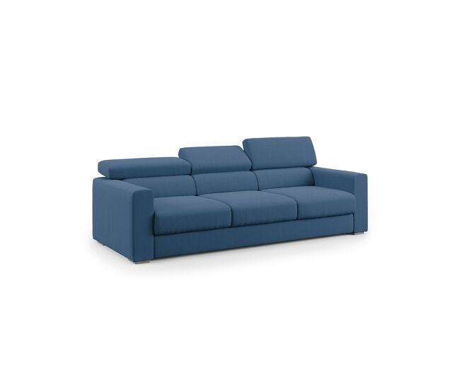 Dylan sofá de 3 plazas con pouf extraíble en tejido efecto algodón impermeable 240 cm azul