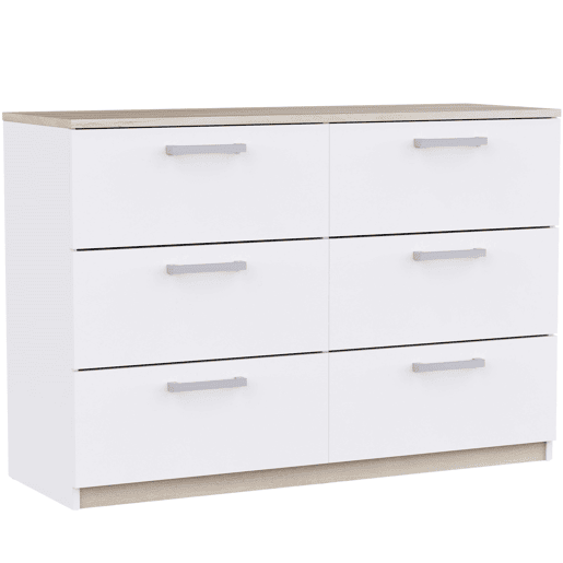 Cômoda Watson estilo nórdico para quarto em branco fosco e carvalho Kronberg com 6 gavetas 119x81x41 cm