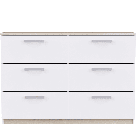 Cômoda Watson estilo nórdico para quarto em branco fosco e carvalho Kronberg com 6 gavetas 119x81x41 cm