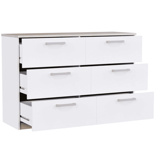 Cômoda Watson estilo nórdico para quarto em branco fosco e carvalho Kronberg com 6 gavetas 119x81x41 cm