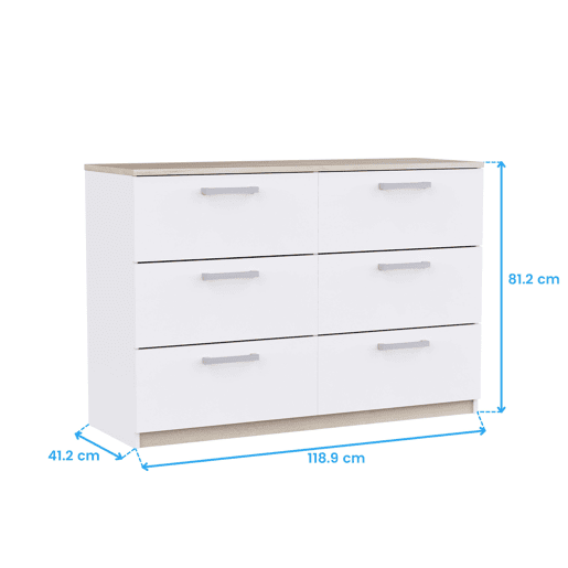 Cômoda Watson estilo nórdico para quarto em branco fosco e carvalho Kronberg com 6 gavetas 119x81x41 cm