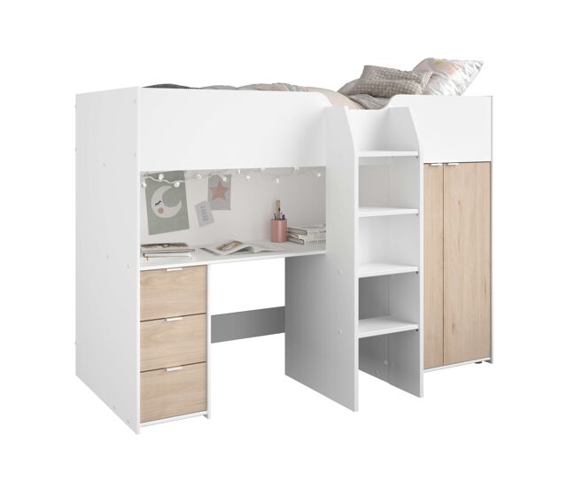 Cama funny dormitorio juvenil o infantil en color roble jackson y blanco mate 203x146x95 cm