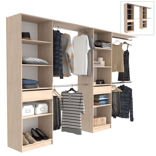 Guarda-roupa Elios para quarto em madeira clara - preto - branco 5 prateleiras 1 gaveta 4 barras 320x200x40 cm