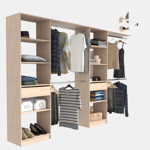 Guarda-roupa Elios para quarto em madeira clara - preto - branco 5 prateleiras 1 gaveta 4 barras 320x200x40 cm