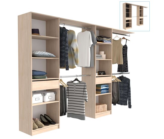 Vestidor elios para dormitorio en color madera claro-negro-blanco 5 estantes 1 cajón 4 barras 320x200x40 cm