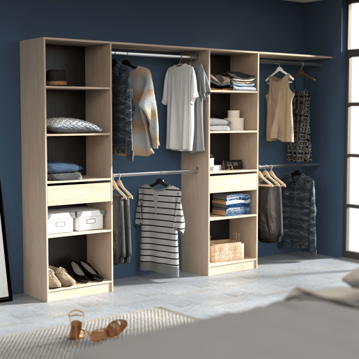 Guarda-roupa Elios para quarto em madeira clara - preto - branco 5 prateleiras 1 gaveta 4 barras 320x200x40 cm