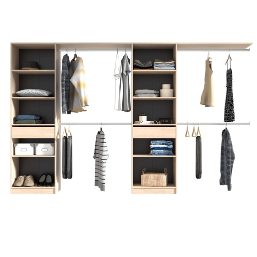 Guarda-roupa Elios para quarto em madeira clara - preto - branco 5 prateleiras 1 gaveta 4 barras 320x200x40 cm